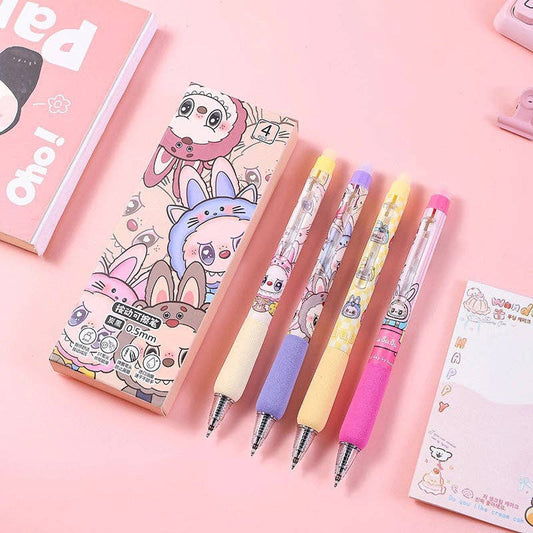 Labubu erasable press gel pen cute labubu pen-4pcs set: Black ink