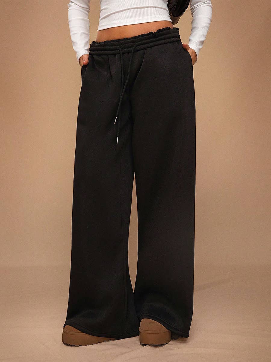 Fleece Lined Wide Leg Jogger Sweatpants_CWBLP01180: Black / (XS) 1