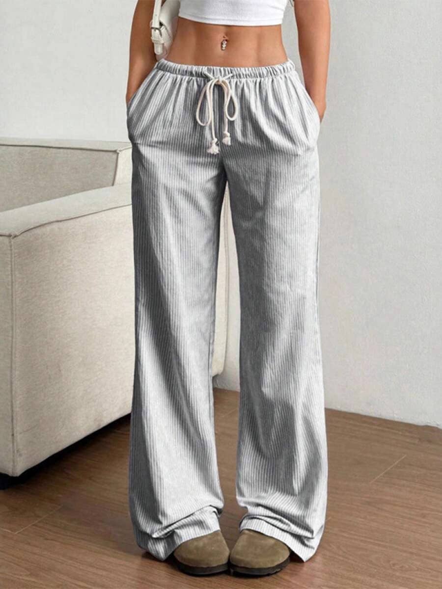 Summer Striped Wide Leg Drawstring Pants_CWBLP01181: GREY / (L) 1