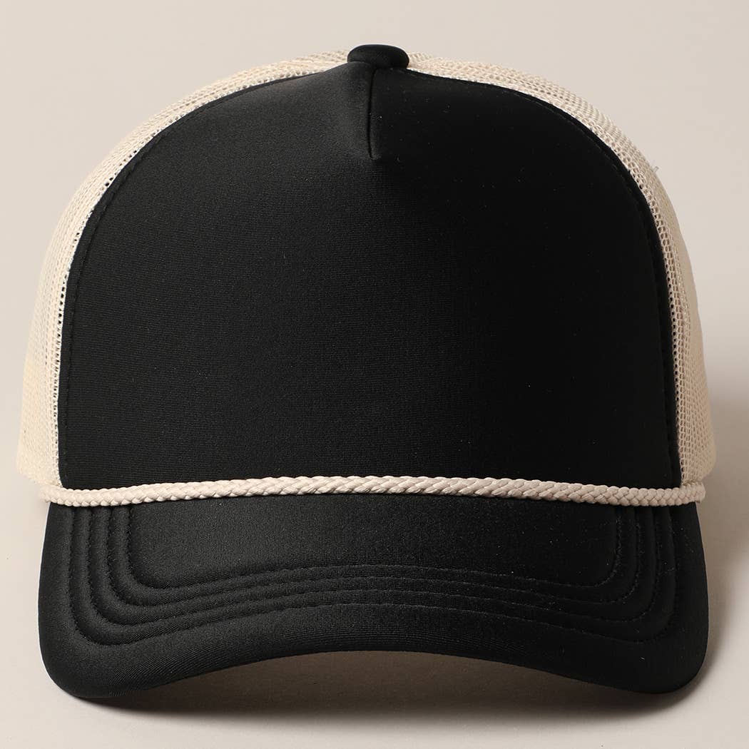 Plain Foam Rope Mesh Back Trucker Hat : BLK-STN / ONESIZE