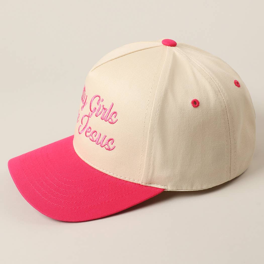 Pretty Girls Love Jesus Embroidery Trucker Hat: LT PINK / ONE SIZE
