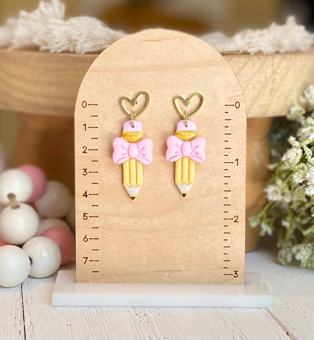 School Bow Earrings | Teacher Earrings : Pencil Bow with Heart Top