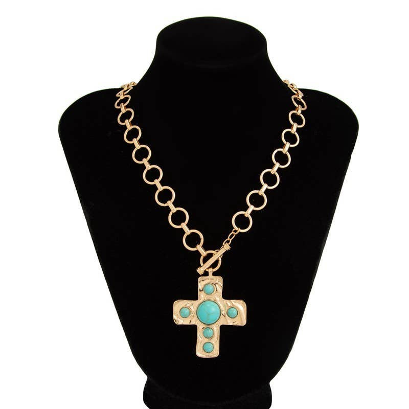 NOTABLE HAMMERED CROSS FRONT TOGGLE NECKLACE | 40NK9600: GOLD