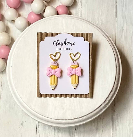 School Bow Earrings | Teacher Earrings : Pencil Bow with Heart Top