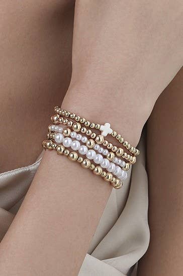 MULTI BALL PEARL CHAIN STRETCH BRACELET | 40B5128: GOLD