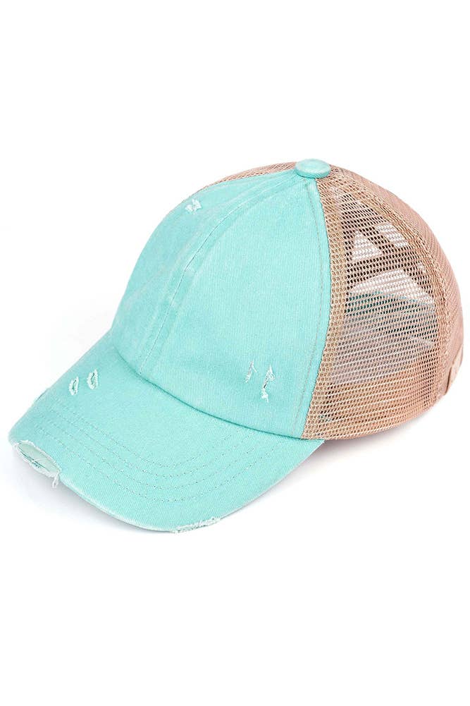 C.C Kids Washed Denim Elastic Band Crossed Pony Cap: Baby Pink