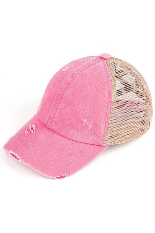 C.C Kids Washed Denim Elastic Band Crossed Pony Cap: Pink