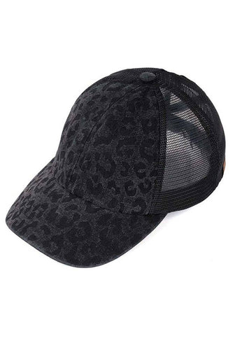 C.C Leopard Pattern Ponytail Baseball Cap: Black