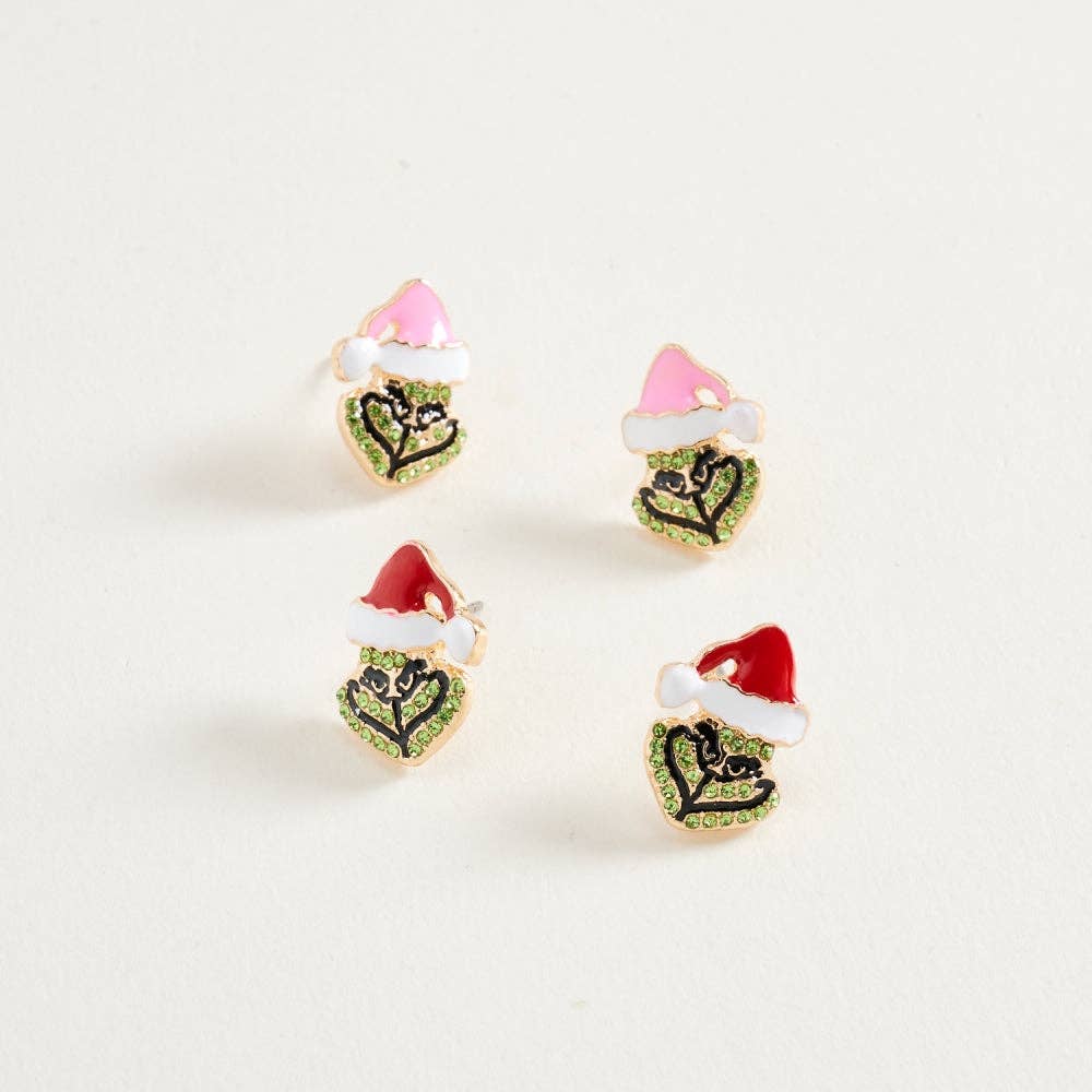 0.75 In Enamel Rhinestone Santa Green Monster Face Earrings: Pink / ONE