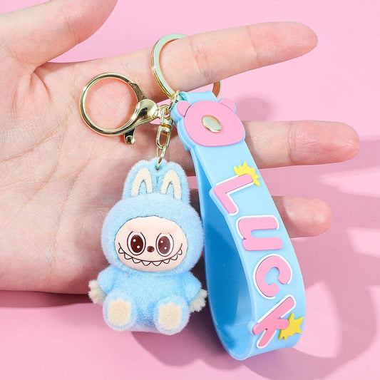 Labubu flocking keychain labubu pendant school gift: Sitting posture-4
