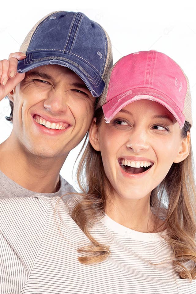 C.C Washed Denim with Crossed Elastic Band Mesh Pony Cap: Berry