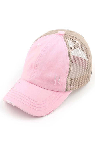 C.C Washed Denim with Crossed Elastic Band Mesh Pony Cap: Baby Pink