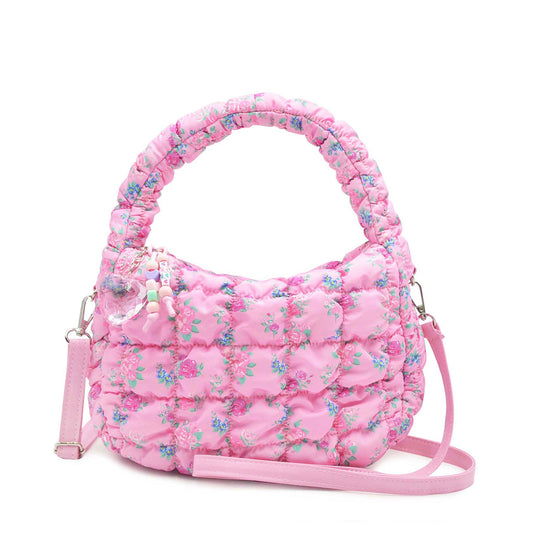 Quilted Scrunchies Floral Printed Mini Hobo Crossbody Bag: Pink Floral Print Scrunch