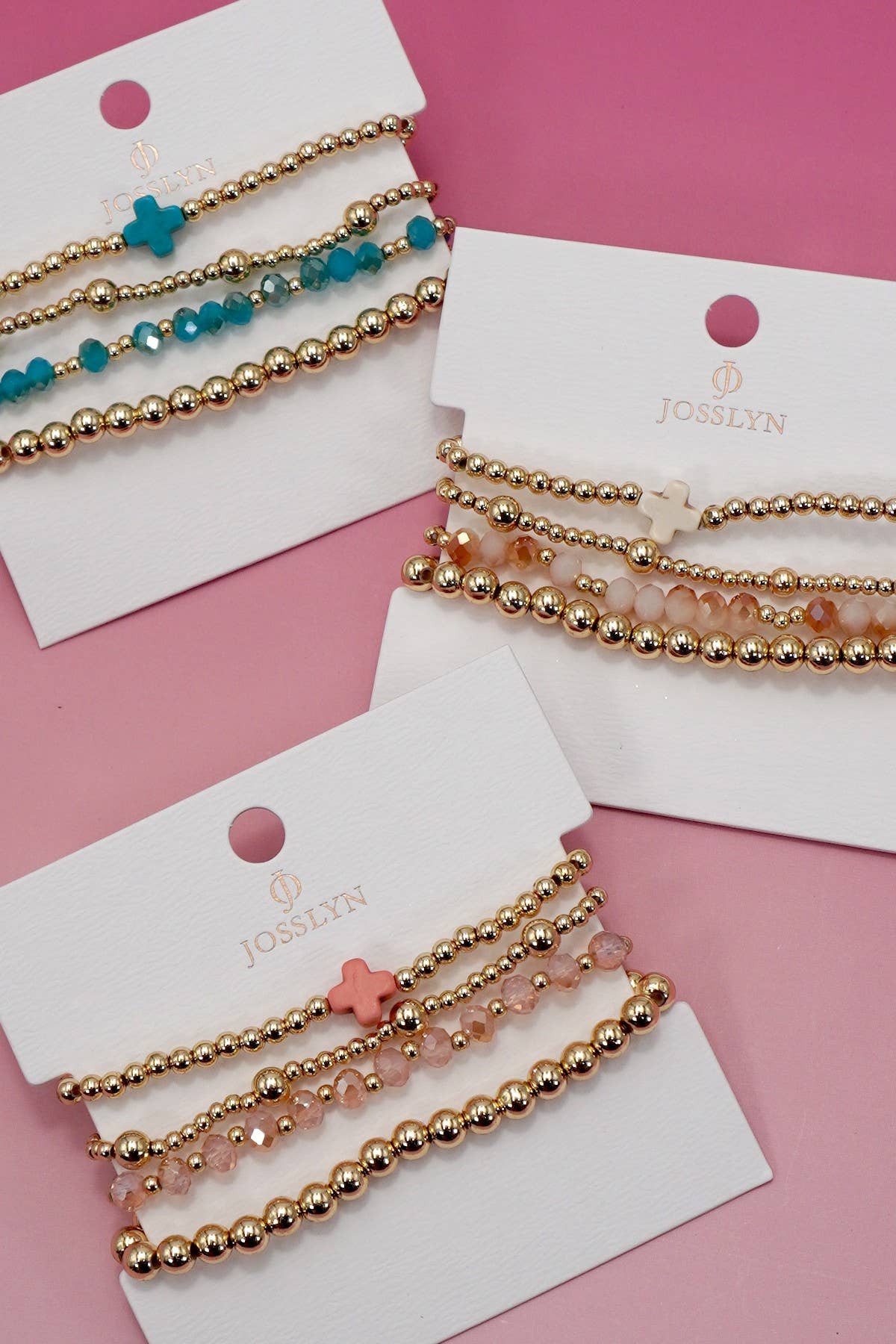 BOHO CROSS MULTI  COLORFUL BEADED STRETCH BRACELET | 40B5180: Pink