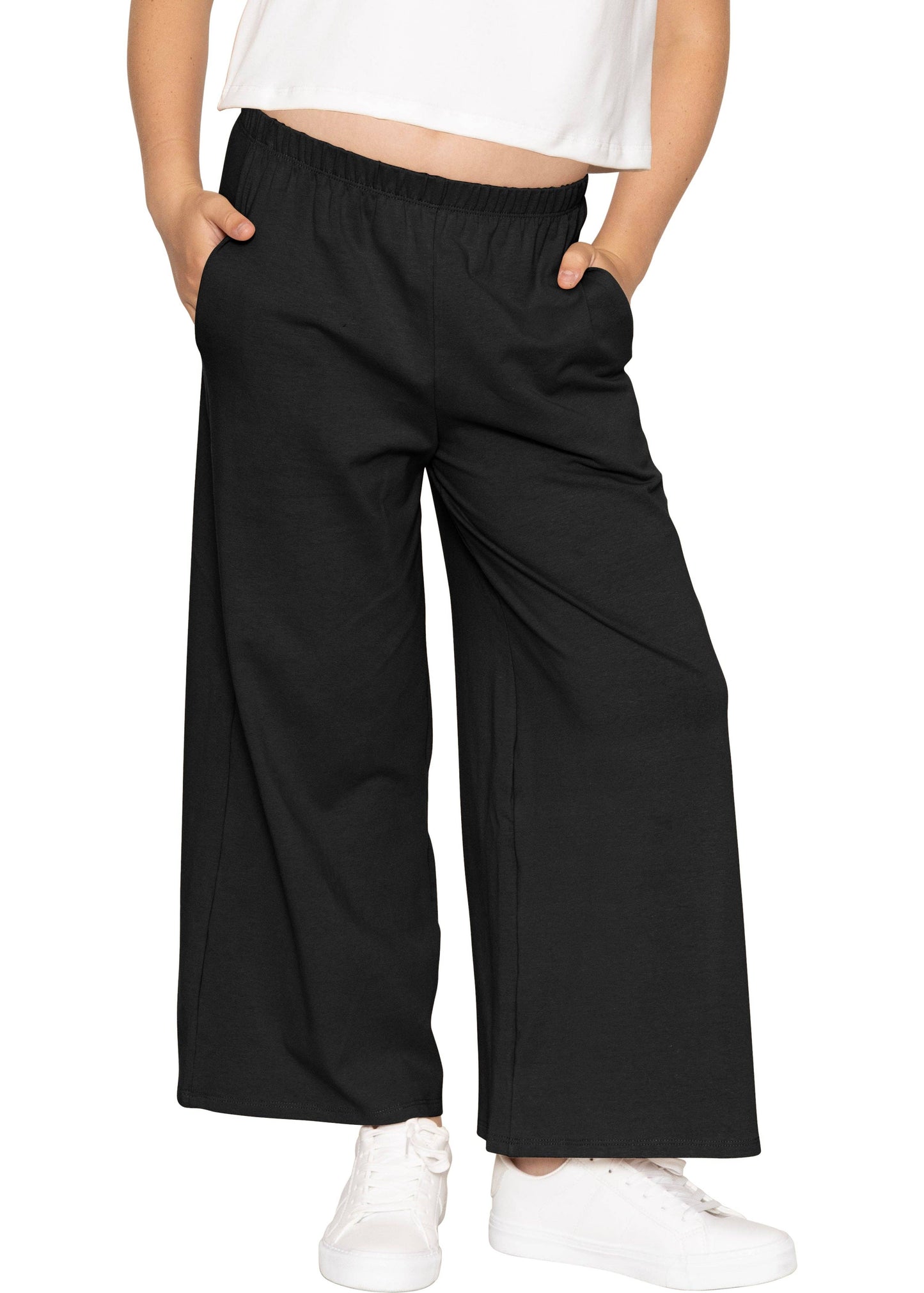Girl's Cotton Wide Leg Pants | Pull-On Style with Pockets | Soft Stretch, Everyday Wear: Black / 4