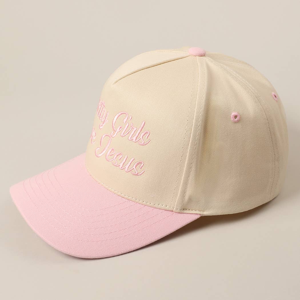 Pretty Girls Love Jesus Embroidery Trucker Hat: LT PINK / ONE SIZE