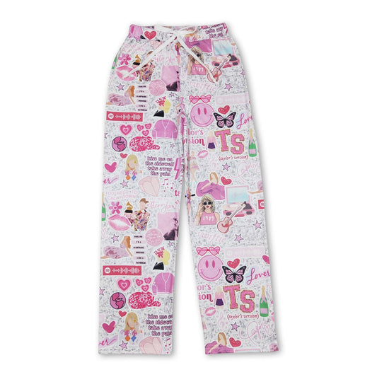 Pink smile butterfly heart singer adult women pants: Pink / 3XL