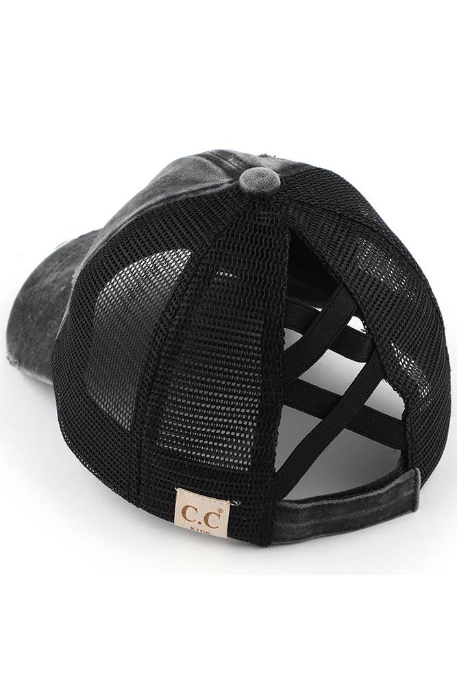 C.C Kids Washed Denim Elastic Band Crossed Pony Cap: Pink