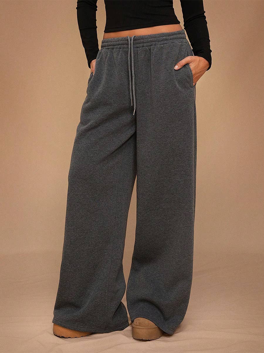 Fleece Lined Wide Leg Jogger Sweatpants_CWBLP01180: Red / (S) 1