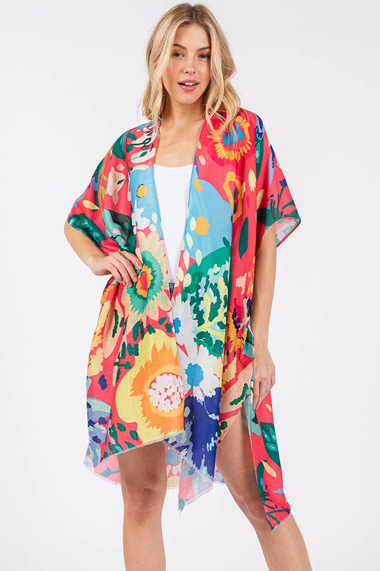 Multi Color Floral Flower Print Summer Kimono: Coral