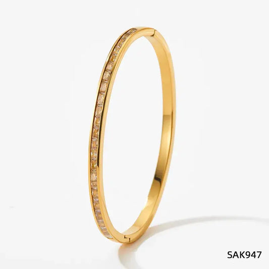 Gold Plated Stainless Steel Zircon Inlay Bracelet Bangle: White