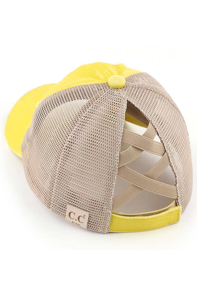 C.C Kids Washed Denim Elastic Band Crossed Pony Cap: Pink