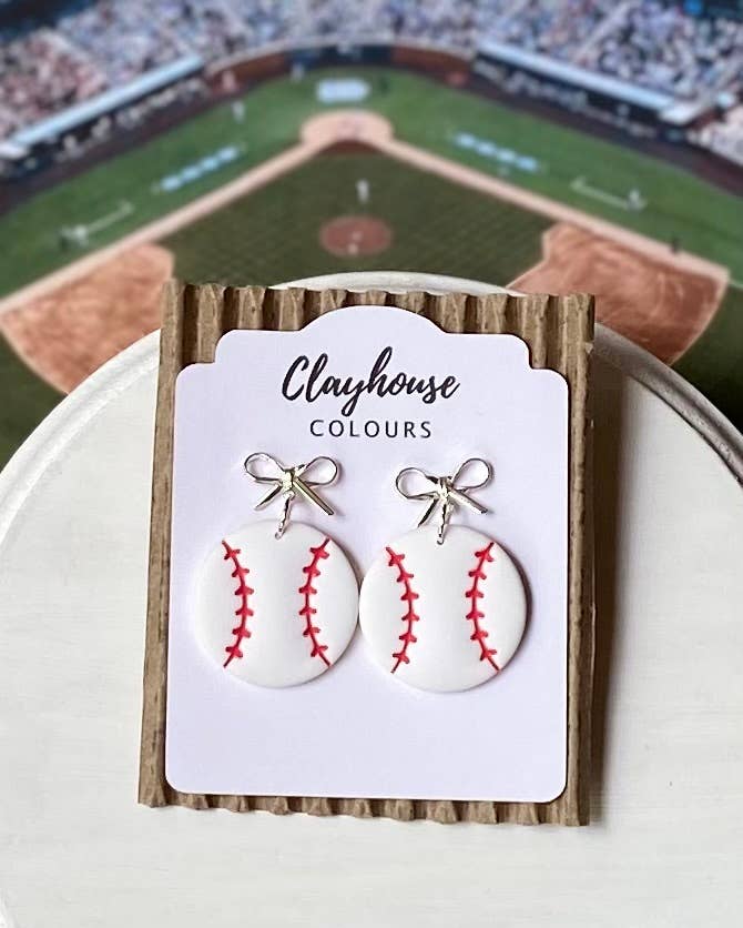 Baseball Earrings : Gold Bow Baseball Dangles