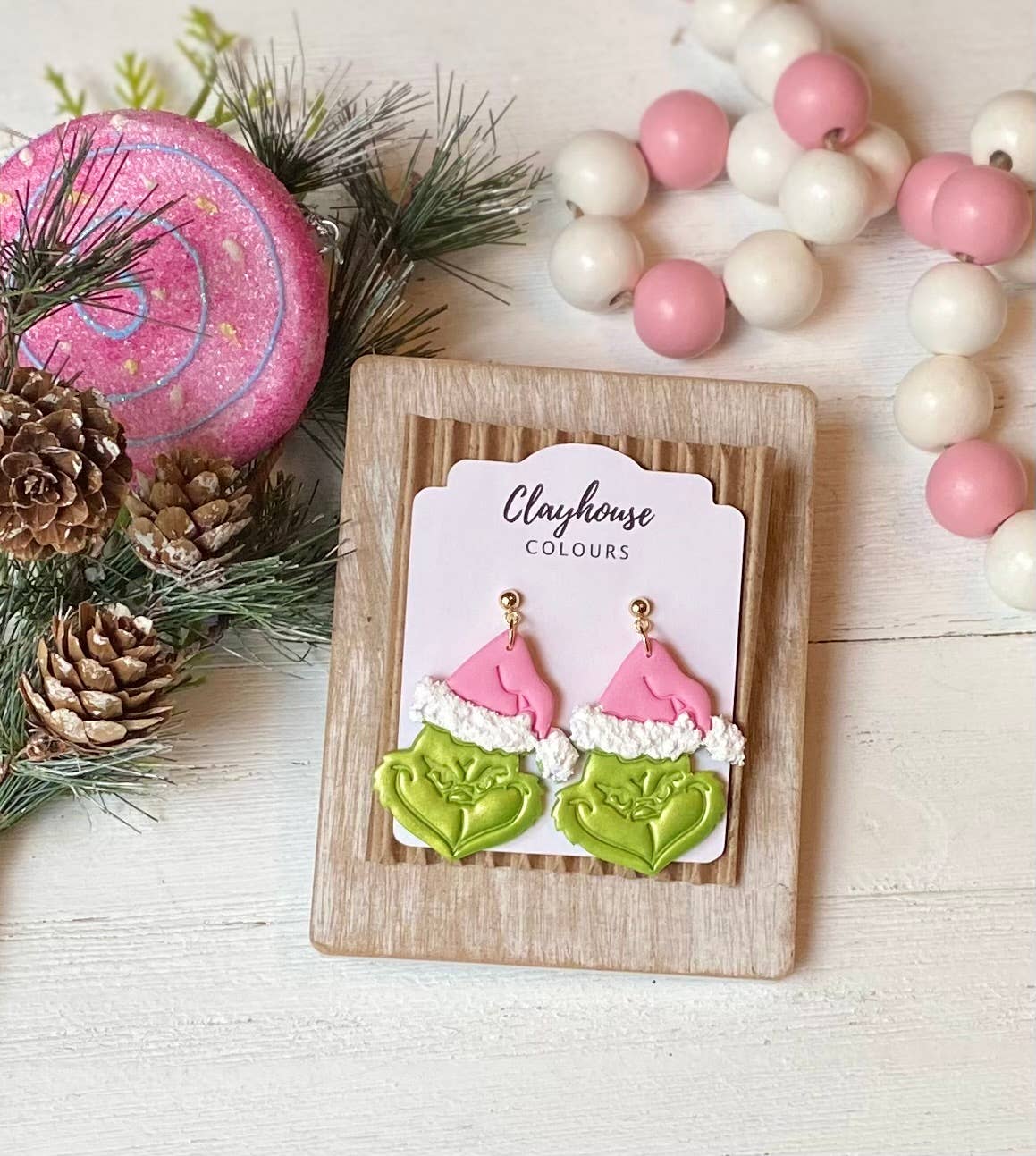 Pink Mean Green Christmas Clay Earrings: Light Pink