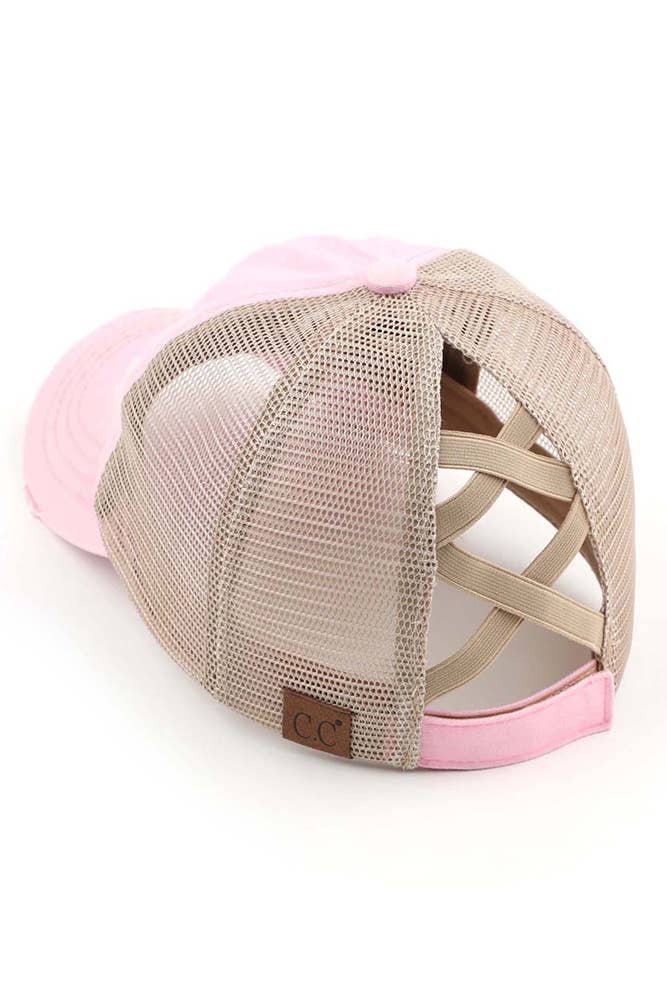 C.C Washed Denim with Crossed Elastic Band Mesh Pony Cap: Black/Beige