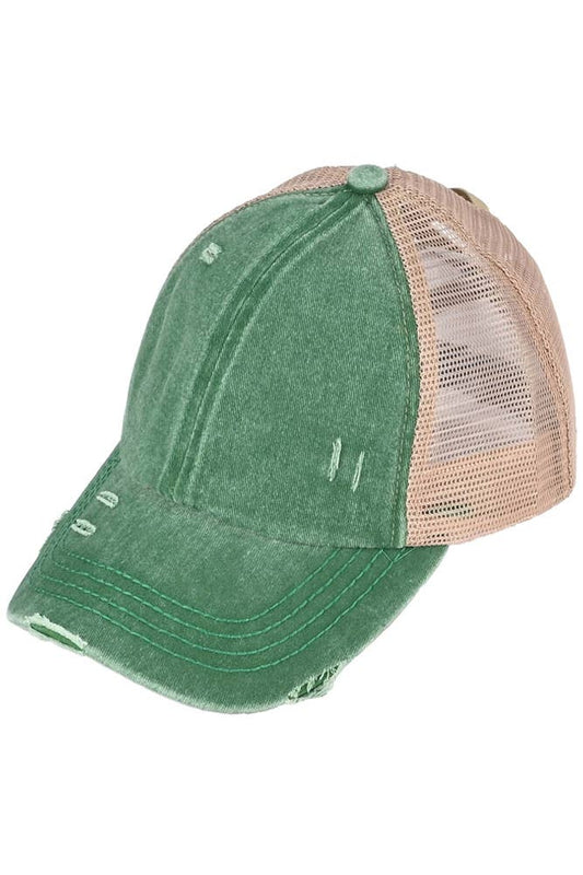 C.C Washed Denim with Crossed Elastic Band Mesh Pony Cap: Hunter Green
