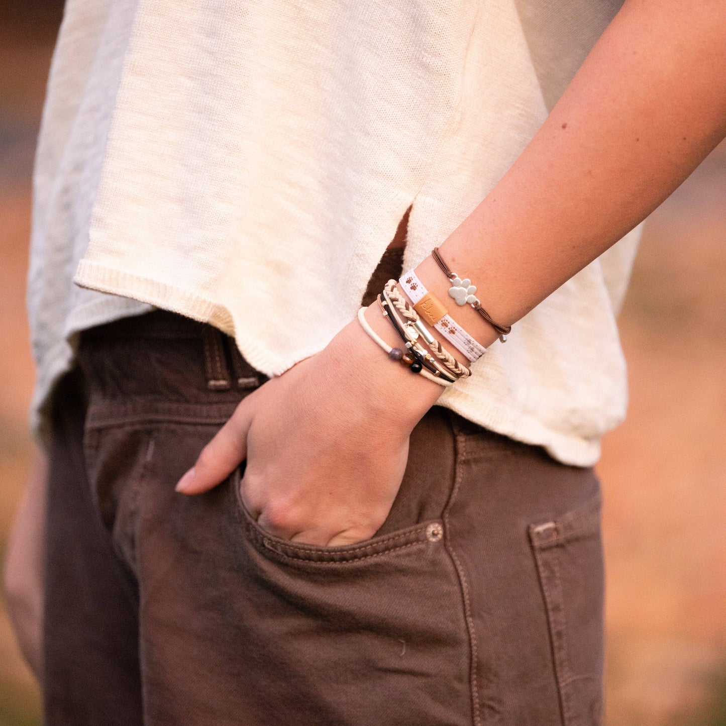 "Paws" Natural Hues with Silver & Paw Accents Hair Tie Bracelet: Medium