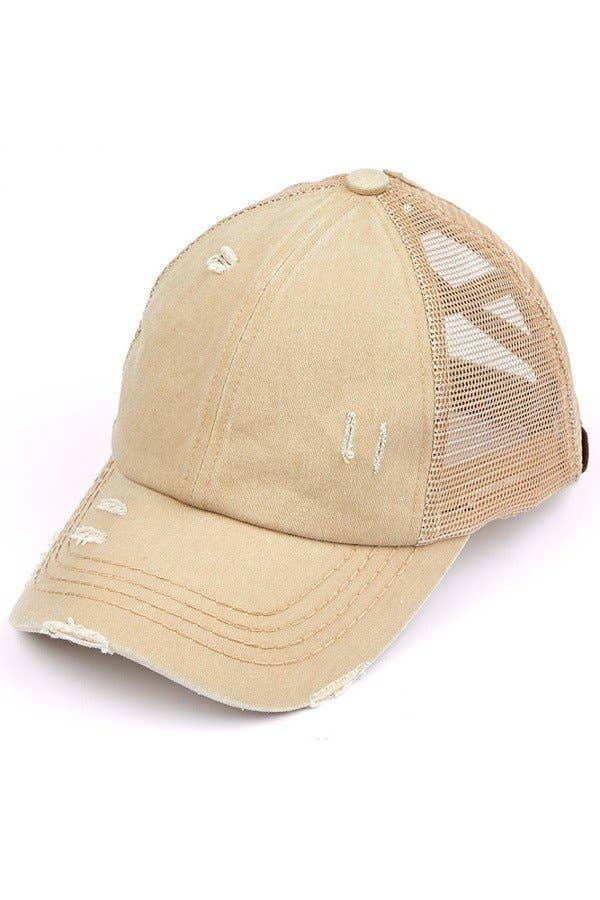 C.C Washed Denim with Crossed Elastic Band Mesh Pony Cap: Khaki