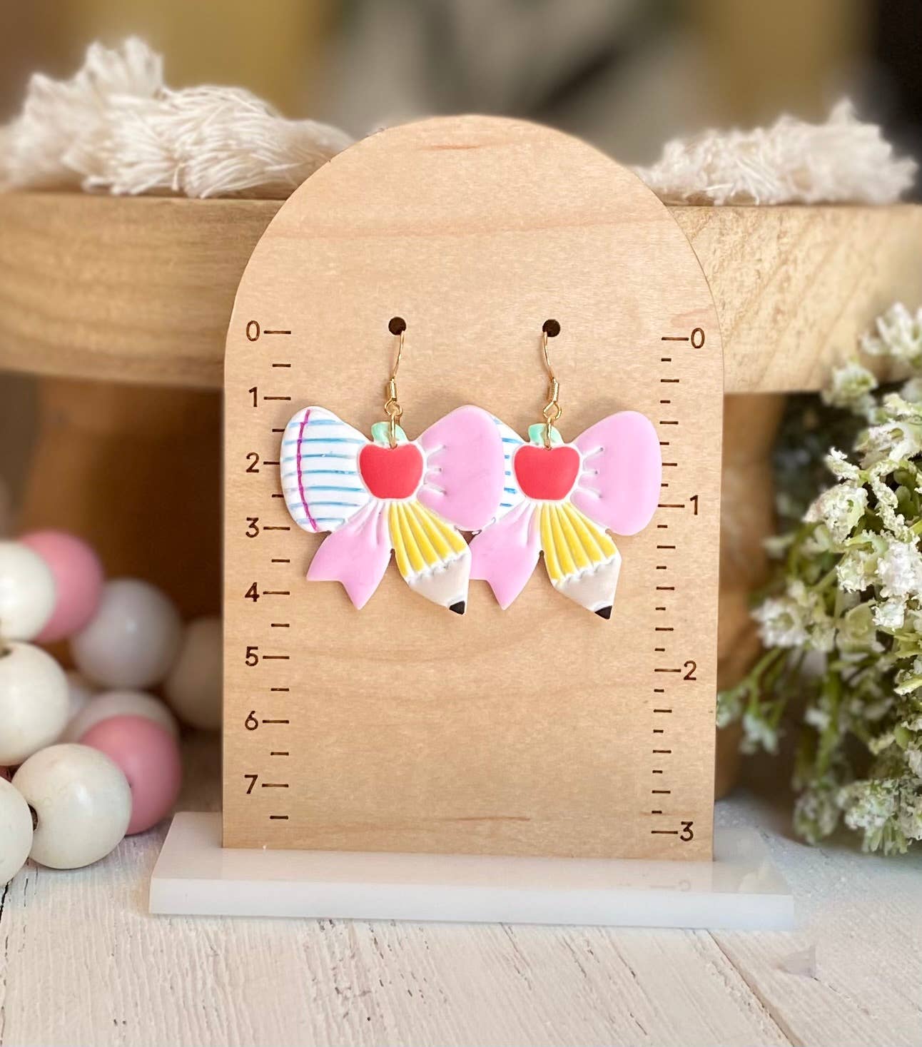 School Bow Earrings | Teacher Earrings : Pencil Bow with Heart Top