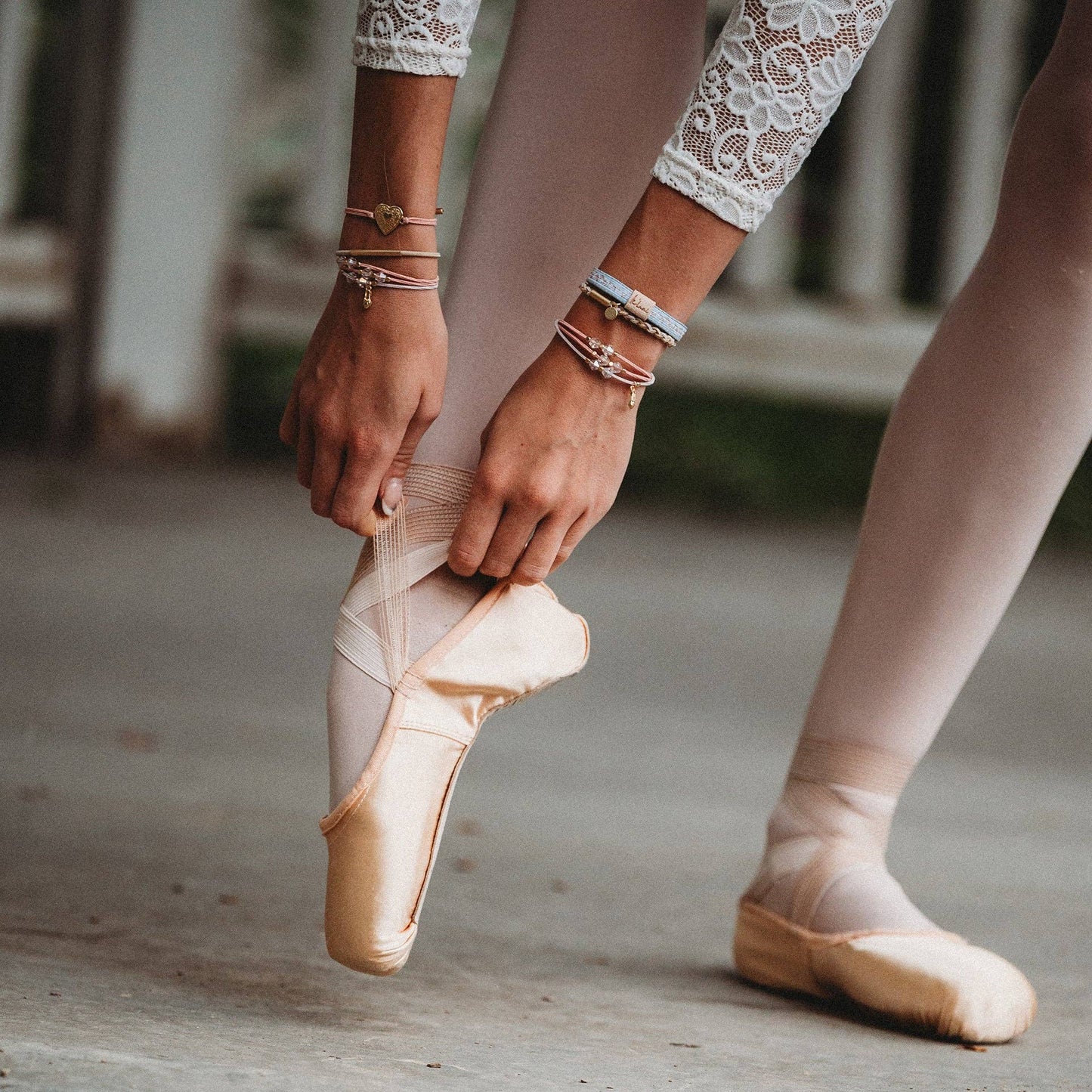 "Relevé" Pink Floral with Ballet Slipper Hair Tie Bracelets: Small