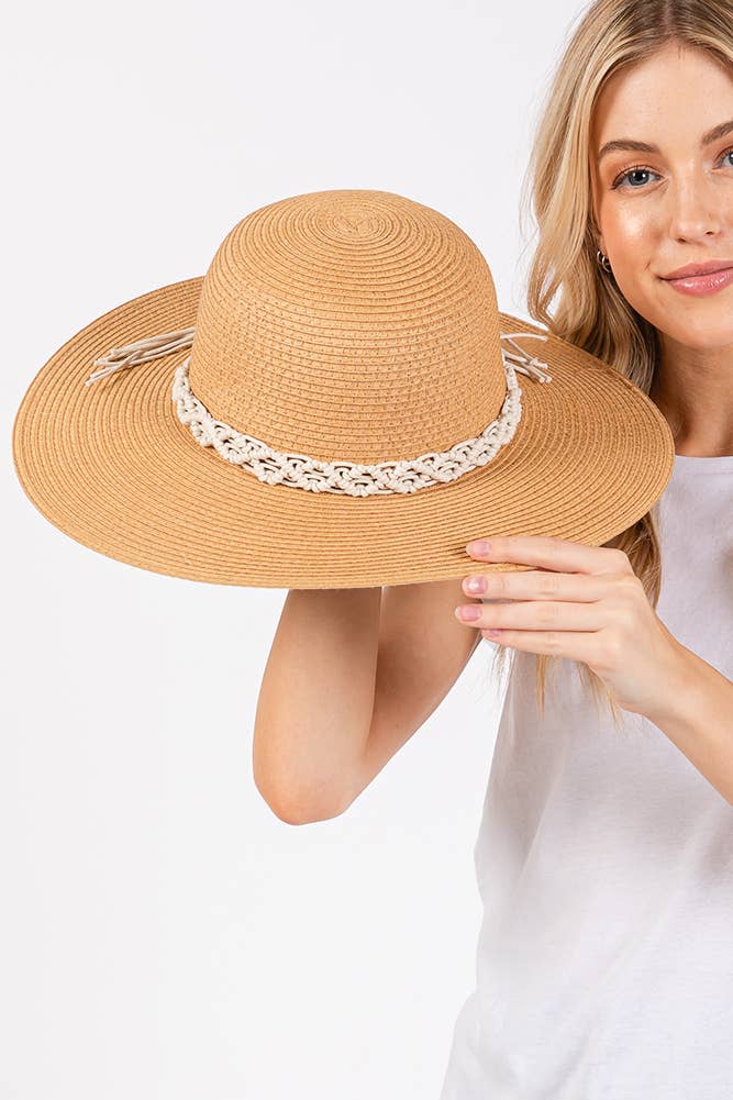 Braided Strap Trim Summer Straw Sun Hat: Beige