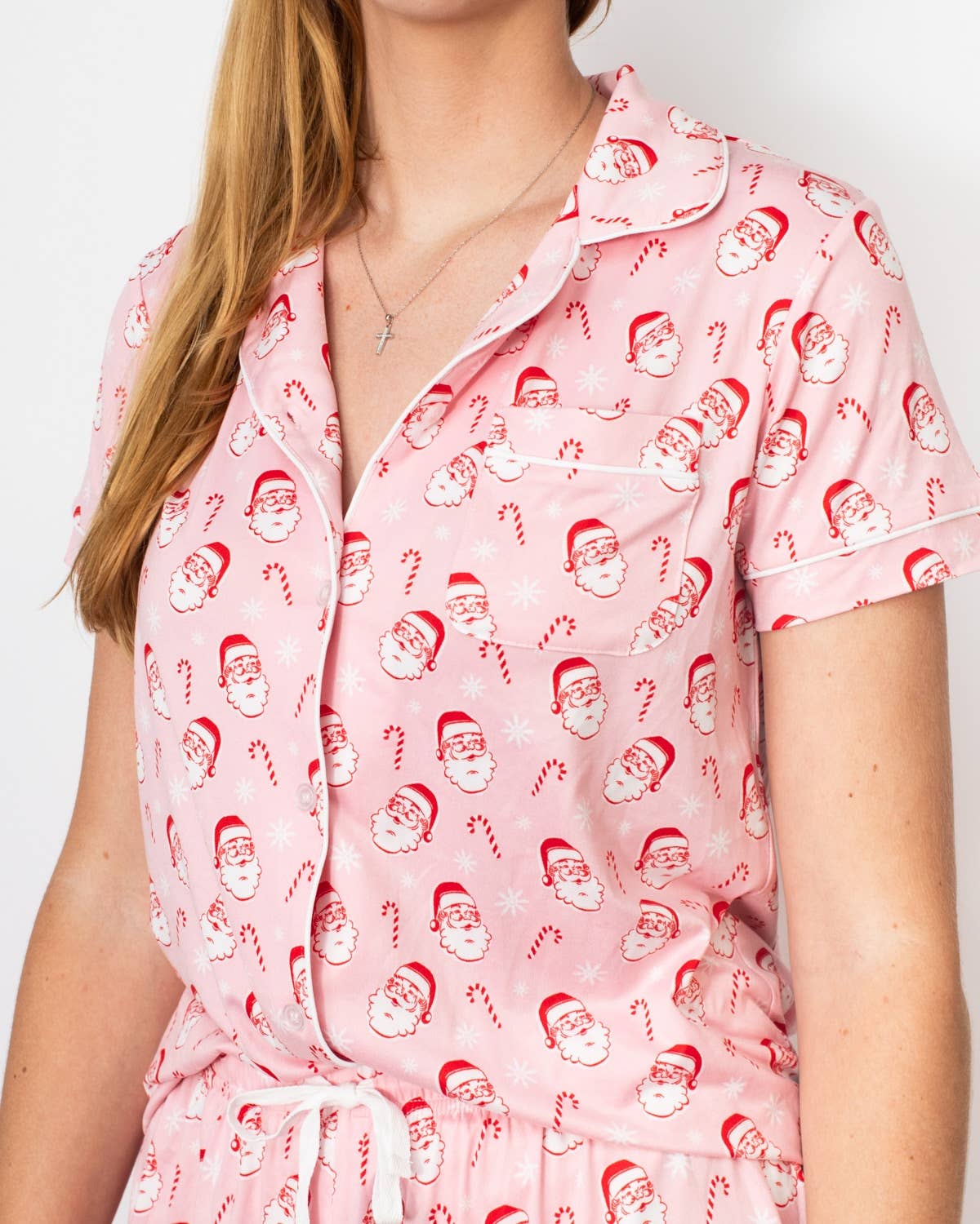 Candy Cane Cutie Short Sleeve Button Up Sleep Shirt   Light Pink/Red/White   -Asst.: Large
