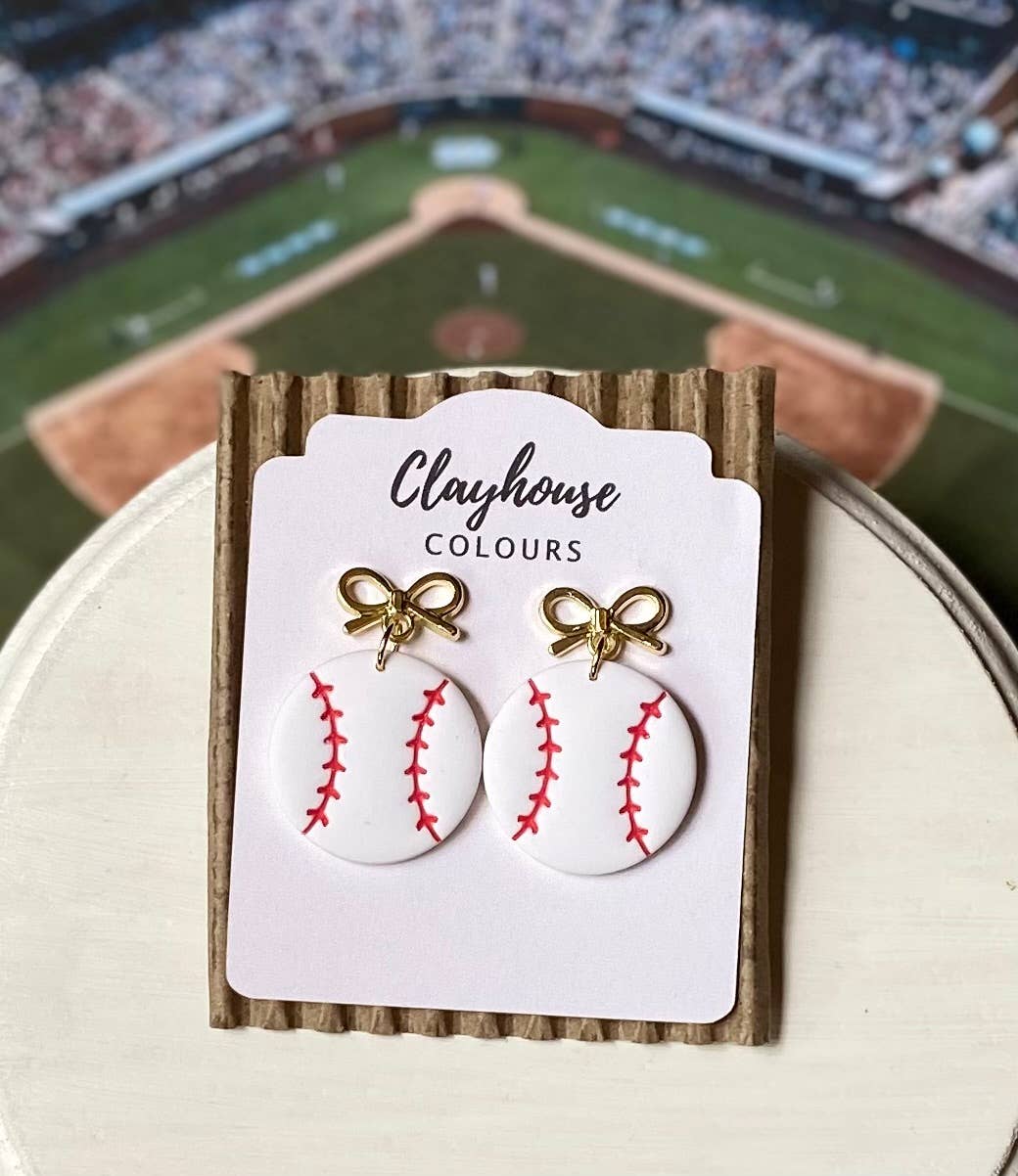Baseball Earrings : Red Bow Baseball Dangles
