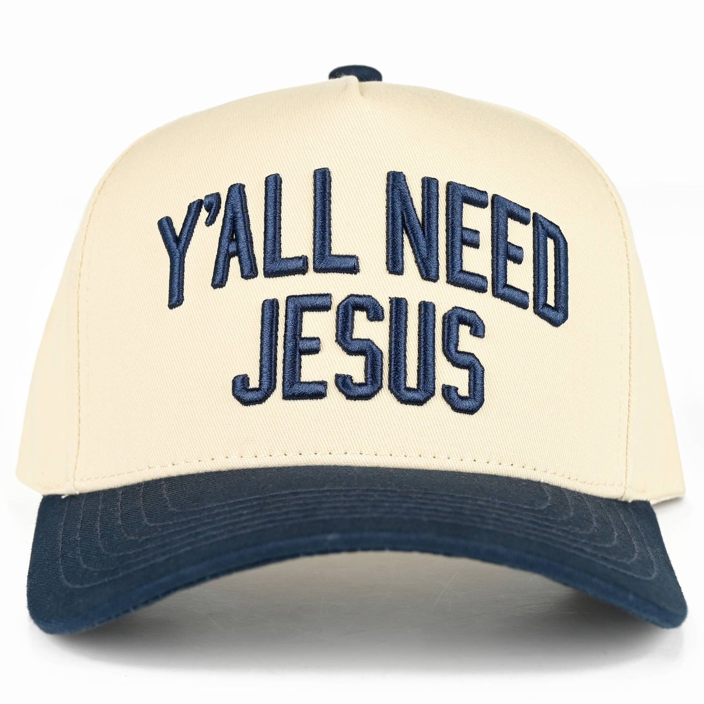 C.C Y'ALL NEED JESUS Embroidered Letter Two Tone Trucker Hat: Beige