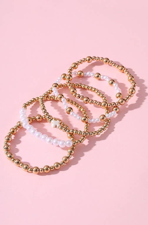 MULTI BALL PEARL CHAIN STRETCH BRACELET | 40B5128: GOLD