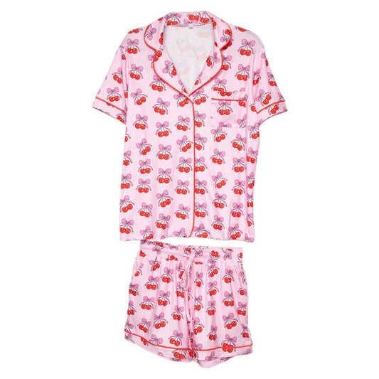 Cherry Bow Repeat Wholesale Cotton Pajamas: Light Pink / M