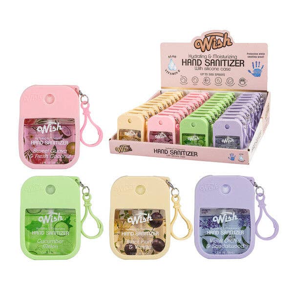 PDQ Assorted Sanitizer with Holder Case (40 Units: 10 each Black Plum, Cucumber Melon, Sweet Guava, Violet Orchid) | Size: 1.2 oz