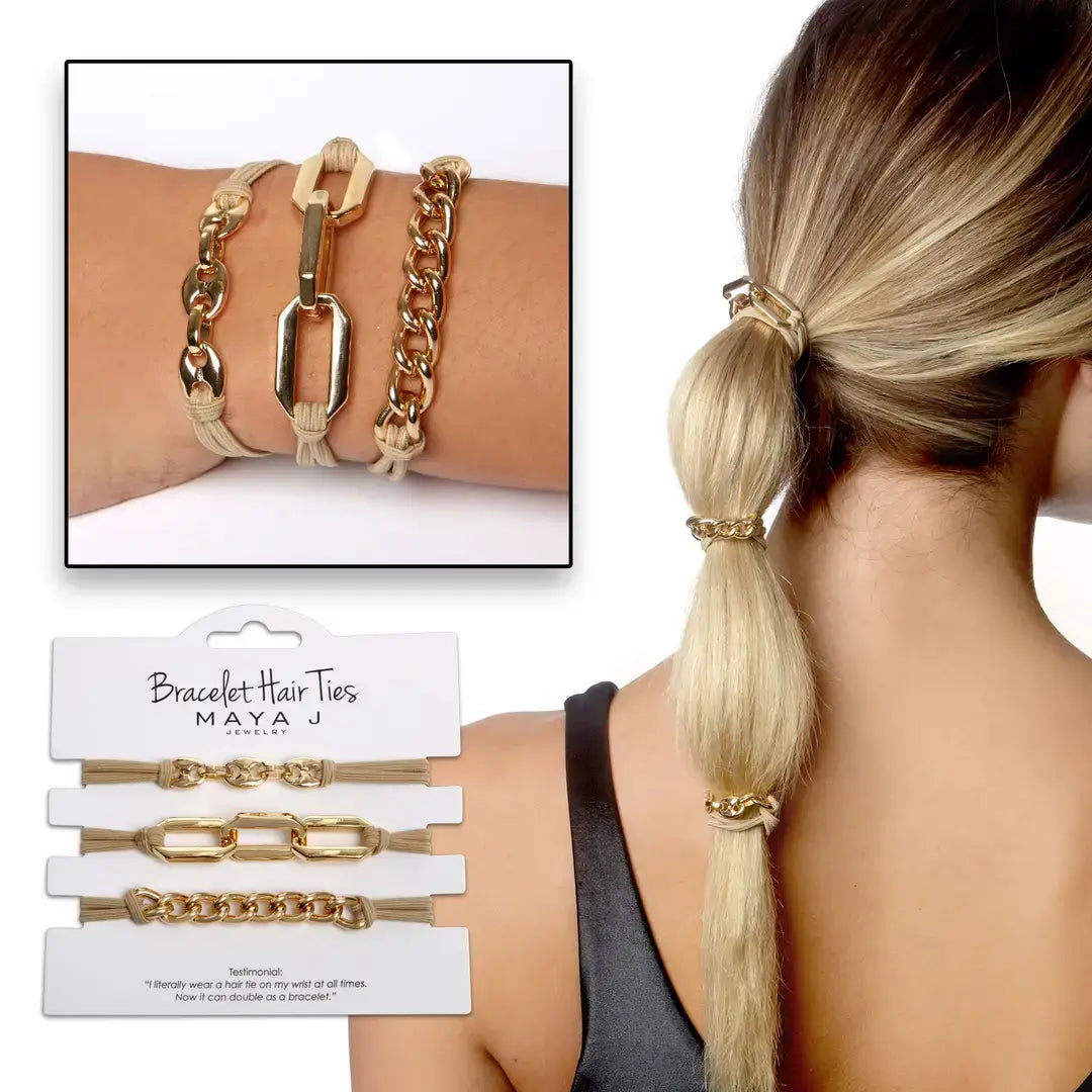 2-in-1 Bracelet Hair Tie Set - Western - 3 Pc Set - 10 Pack: Beige / Brown / Black