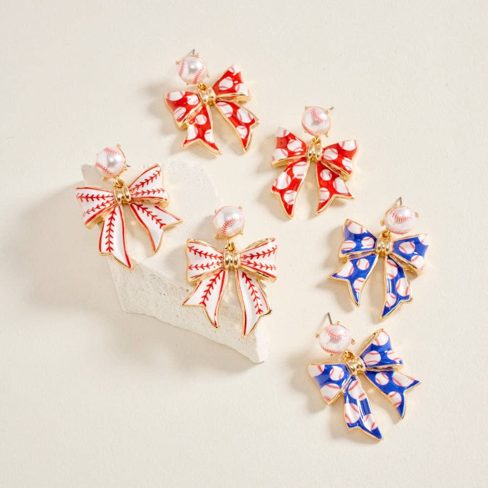 1.5 Inch Baseball Print Pattern Enamel Ribbon Post Earrings: White/Red / ONE