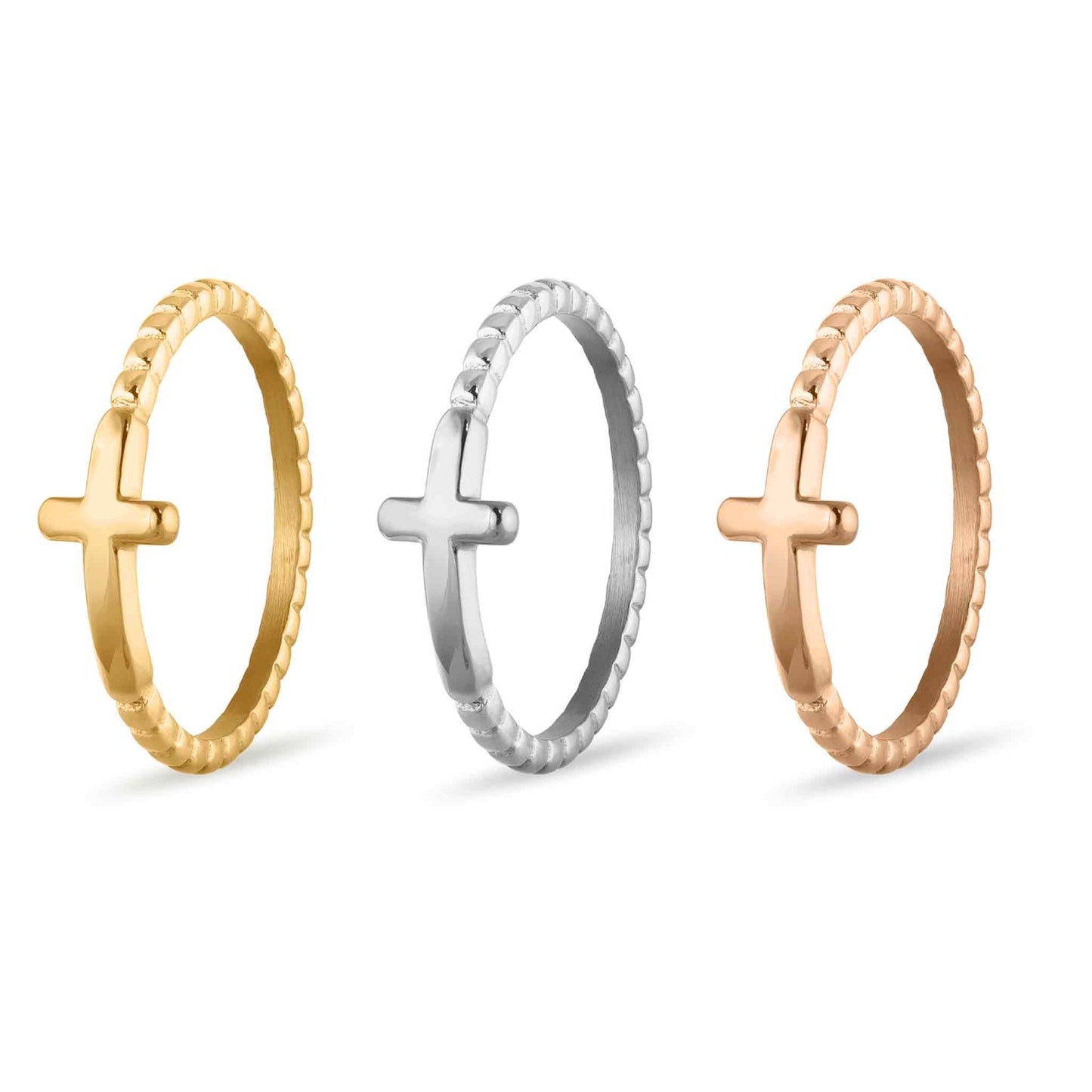 Stainless Steel Beaded Stackable Cross Ring: Gold / 5