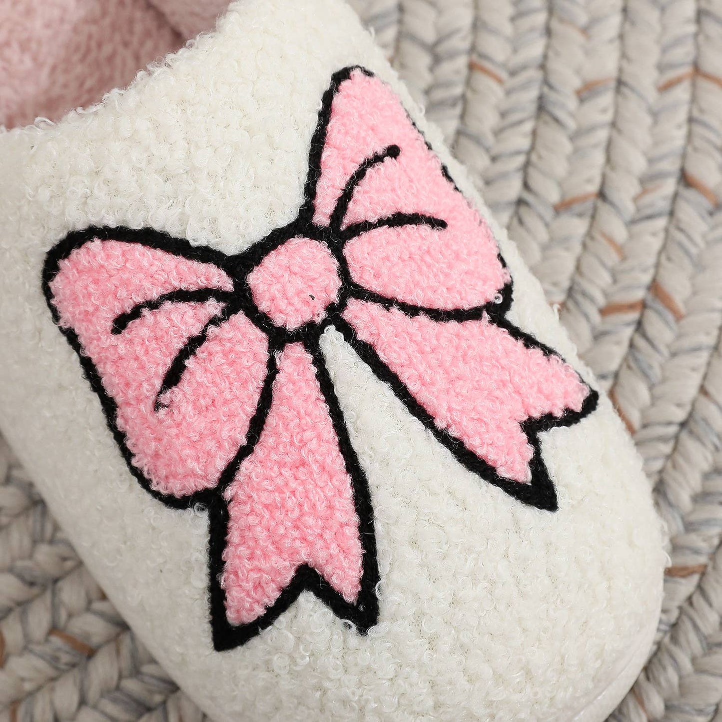 Christmas Pink Bownot Pattern Plush Comfort Home Slippers  : White / 42-43