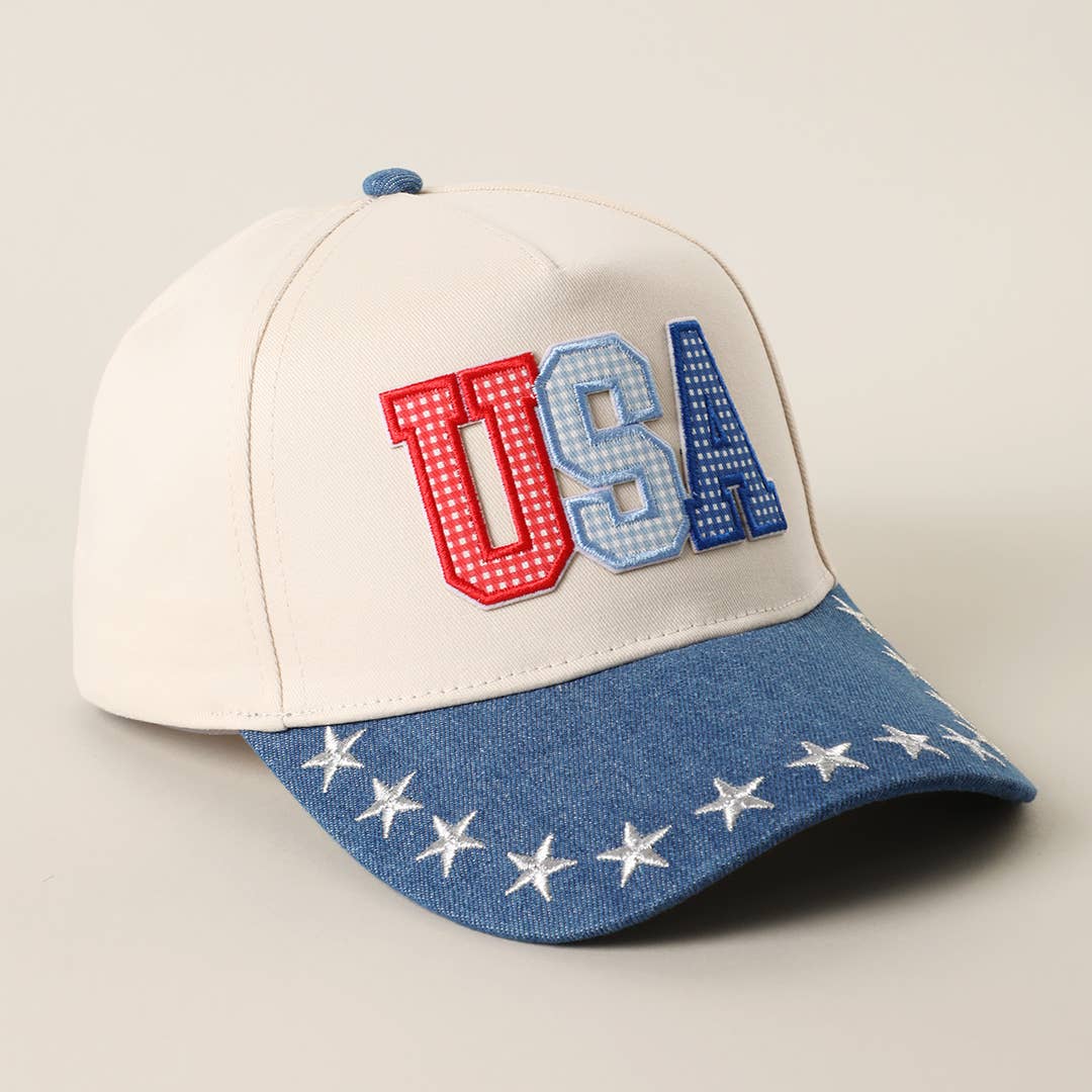 USA Letter Patch Star Brim Denim Baseball Cap: LT DENIM