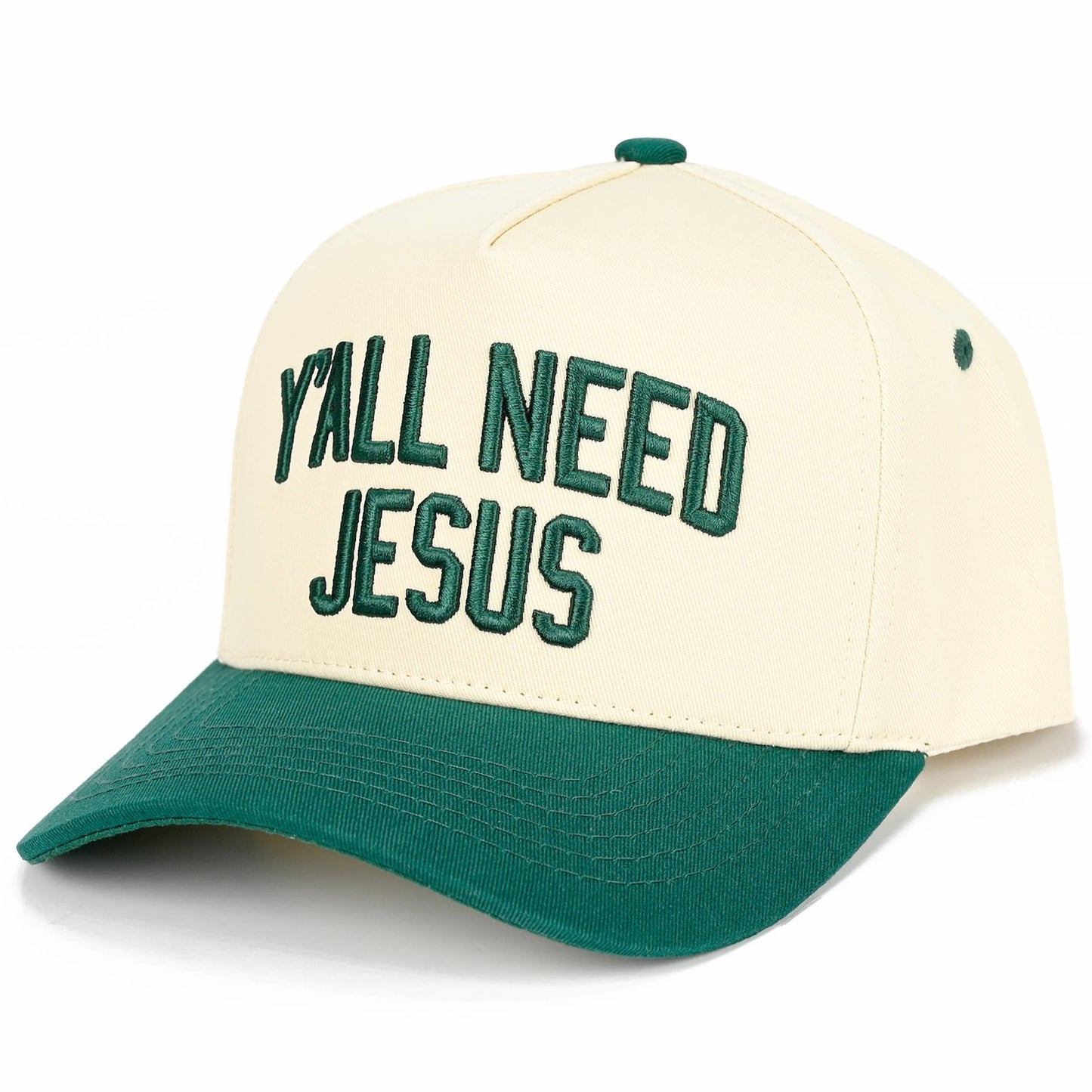 C.C Y'ALL NEED JESUS Embroidered Letter Two Tone Trucker Hat: Beige