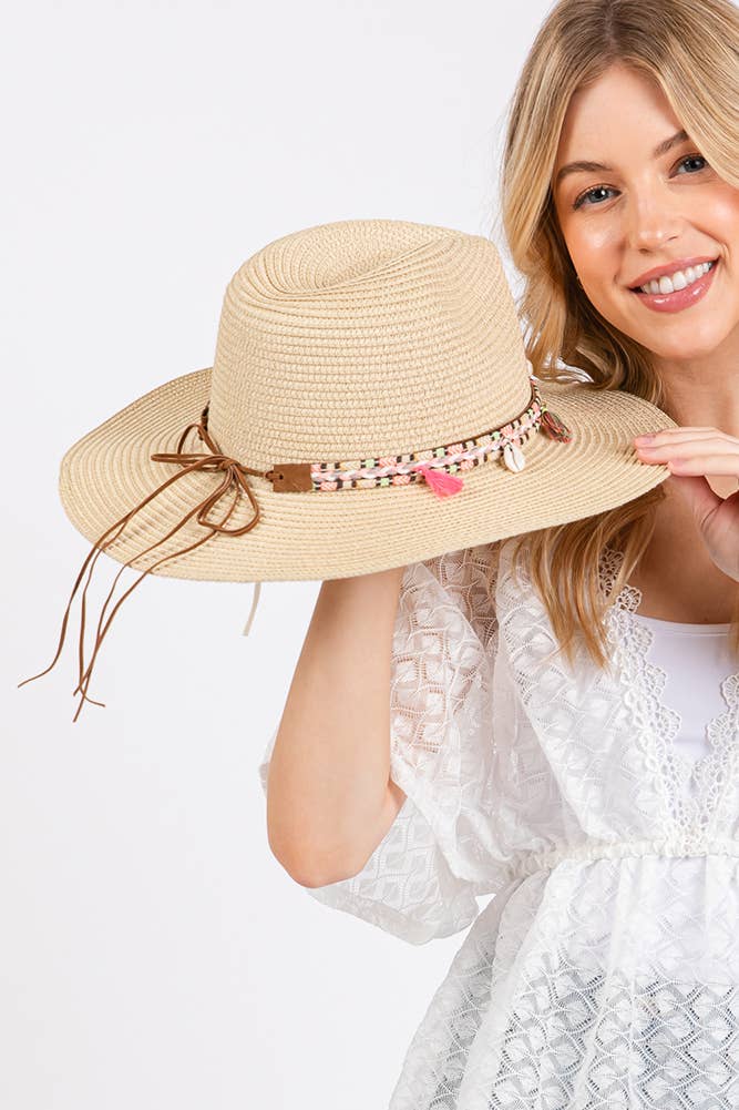 Boho Tassel Multi Color Band Summer Straw Sun Hat: Beige