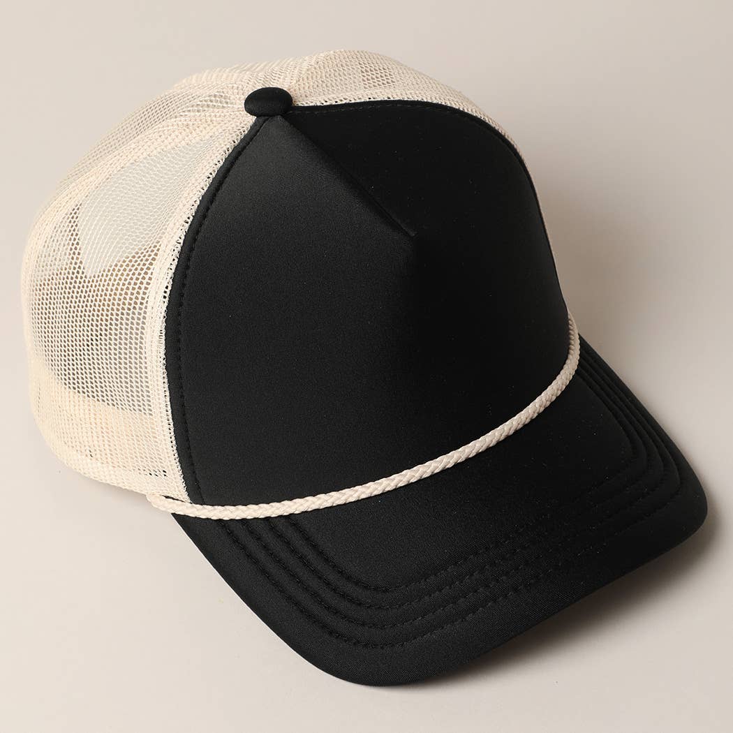 Plain Foam Rope Mesh Back Trucker Hat : BLK-STN / ONESIZE