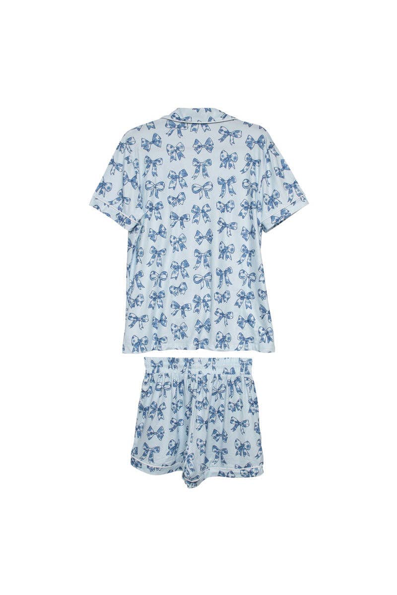 Toile Print Coquette Bows Cute Pajamas: Light Blue / XL